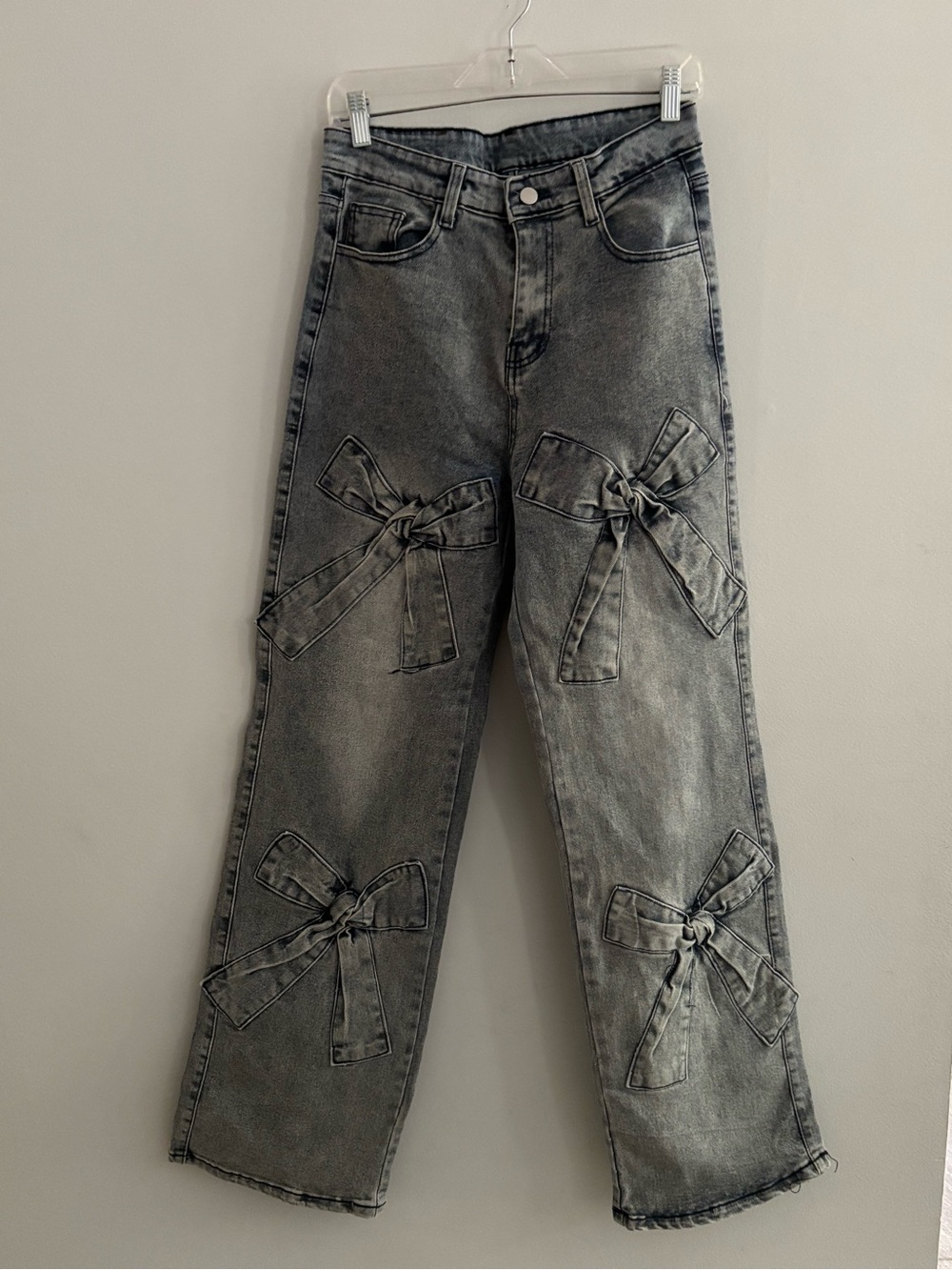 JOY-DVIP Gray Acid Wash Bow Straight Wide Leg Jeans High Waisted Stretch Size 28